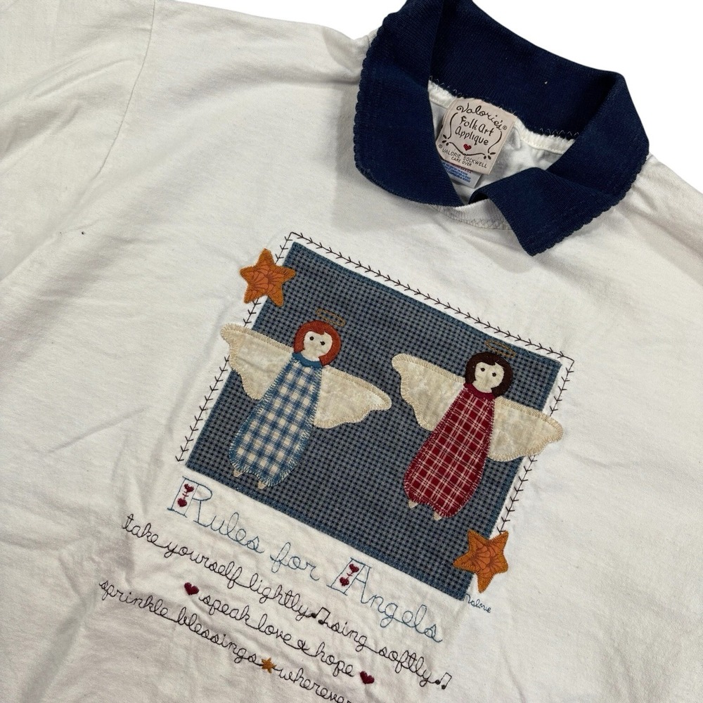 Valorie's Folk Art Applique Polo Women M White Angel Rules Cottagecore VTG 90s